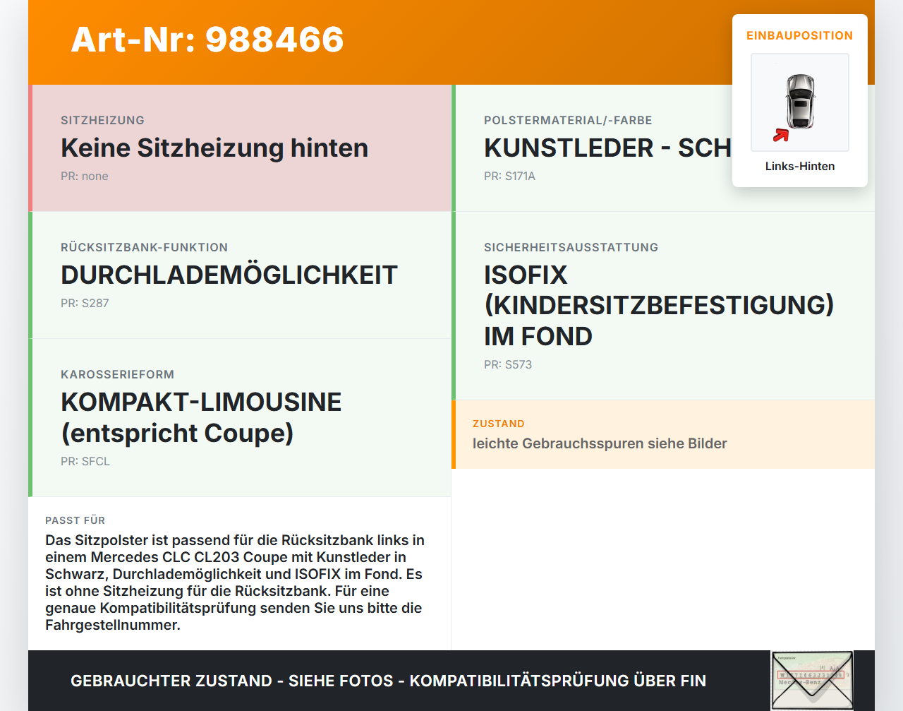Mercedes CLC 180 K CL203 08-11 Coupe Sitzbezug Sitzpolster Links für Rücksitzbank Hinten Mercedes CLC 180 K CL203... Vorschau 3