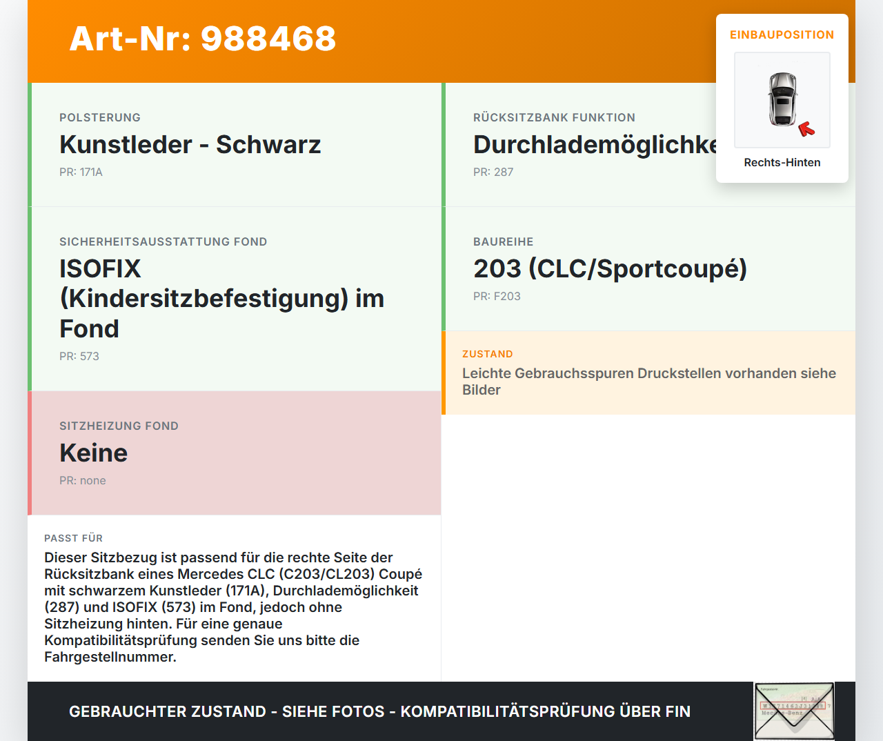 Mercedes CLC 180 K CL203 08-11 Coupe Sitzbezug Sitzpolster Rechts für Rücksitzbank Hinten Mercedes CLC 180 K CL203... Vorschau 3