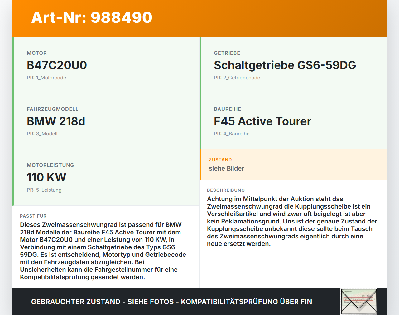 BMW F45 218d 14-18 2,0d 110KW B47C20U0 Zweimassenschwungrad Schwungrad BMW F45 218d 14-18 21.09.2017 8600215... Vorschau 3