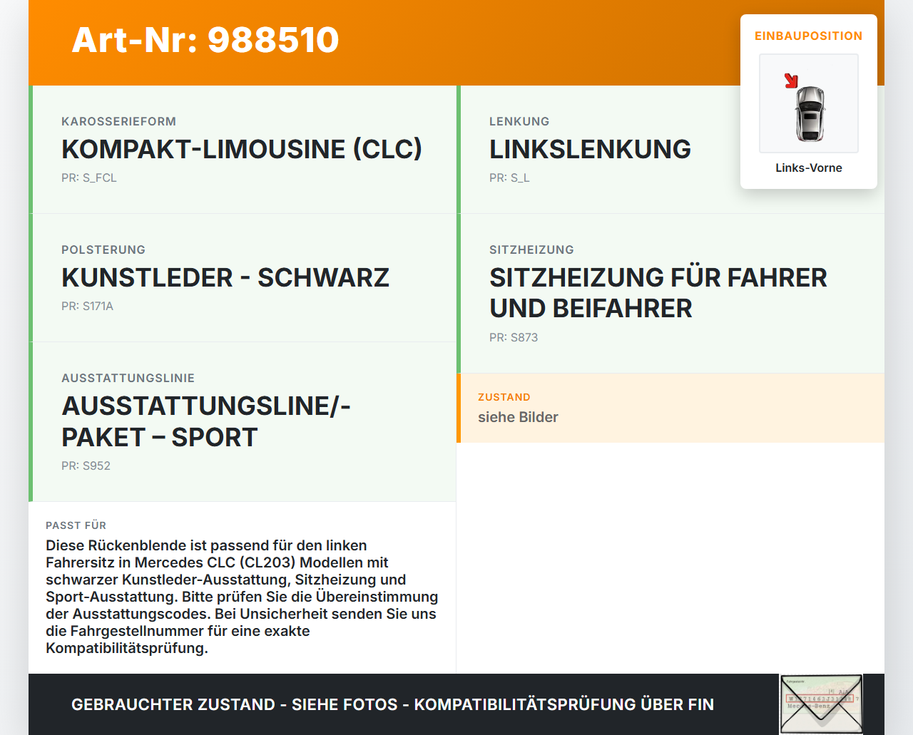 Mercedes CLC 180 K CL203 08-11 Coupe Abdeckung Blende Rückenblende für Sitz Fahrersitz Links Vorne Mercedes CLC 180... Vorschau 3