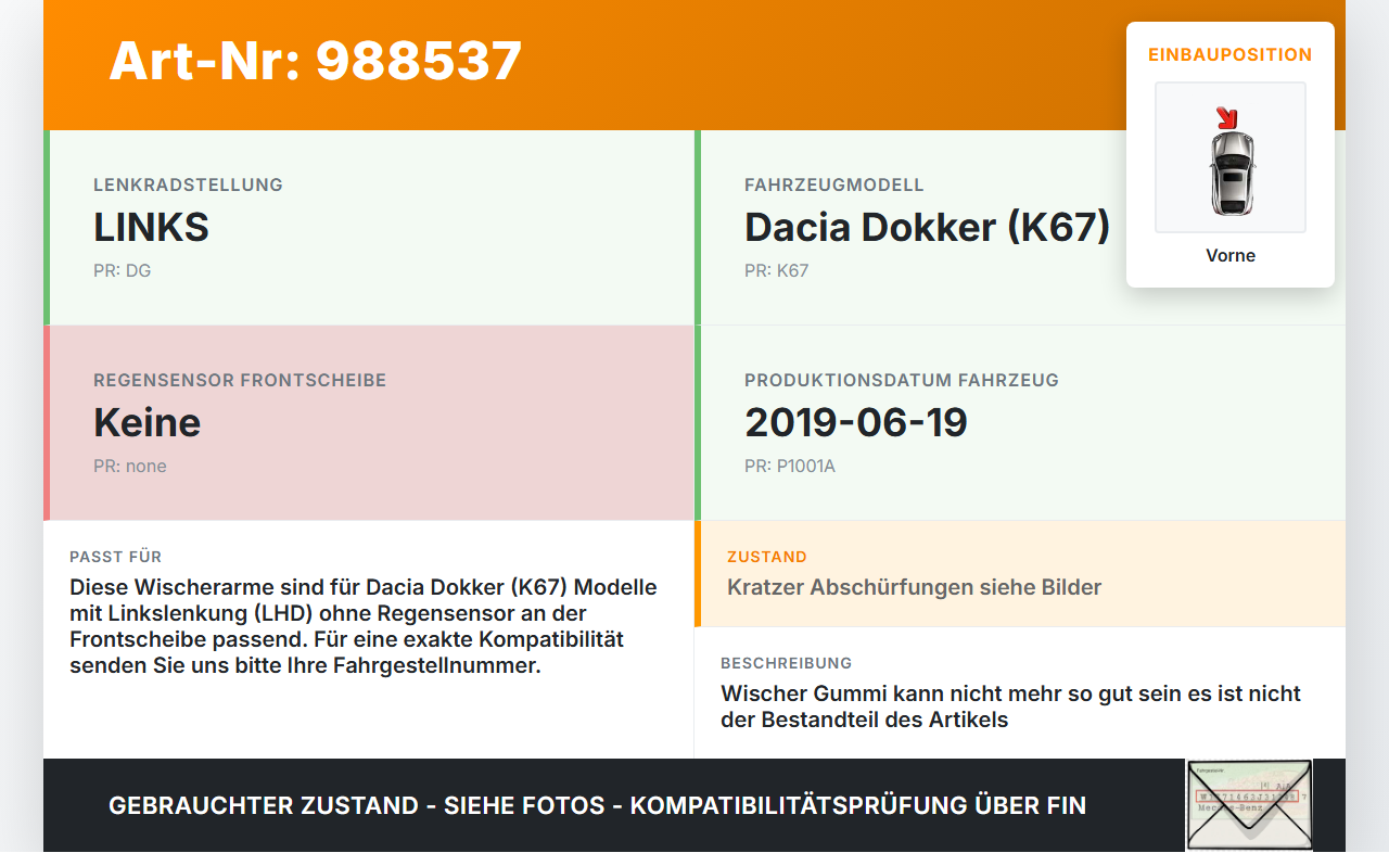 Dacia Dokker KE 12-21 2x Scheibenwischer Wischarm Vorne Dacia Dokker KE 12-21 12.08.2019 gebraucht Vorschau 3