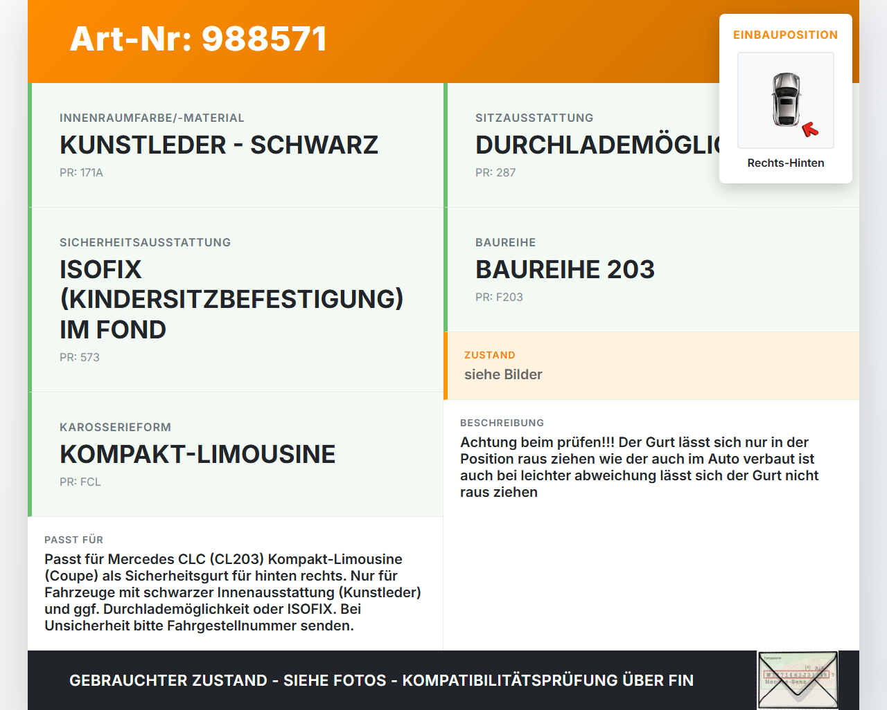 Mercedes CLC 180 K CL203 08-11 Coupe Gurt Sicherheitsgurt Rechts Hinten Mercedes CLC 180 K CL203 08-11 09.06.2010... Vorschau 3