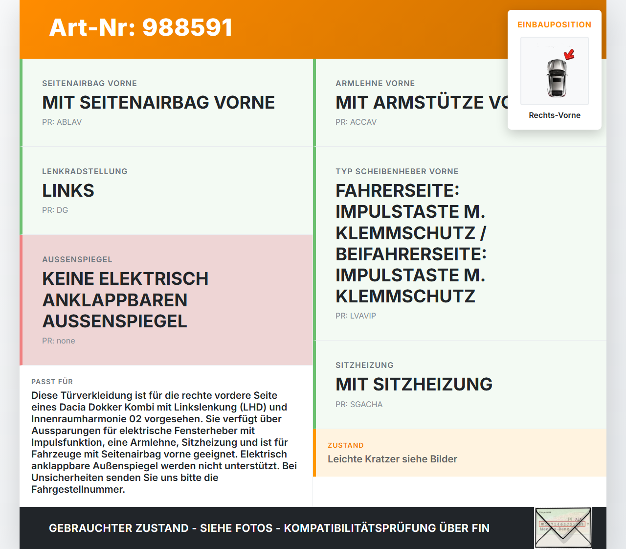 Dacia Dokker KE 12-21 Kombi Türverkleidung Türpappe Rechts Vorne Dacia Dokker KE 12-21 12.08.2019 P8200816442E... Vorschau 3