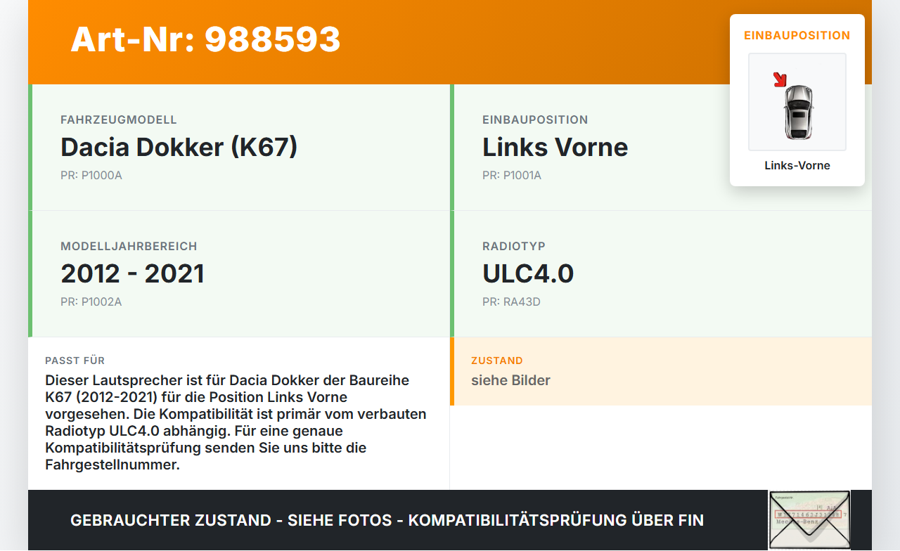Dacia Dokker KE 12-21 Lautsprecher Links Vorne Dacia Dokker KE 12-21 12.08.2019 gebraucht Vorschau 3