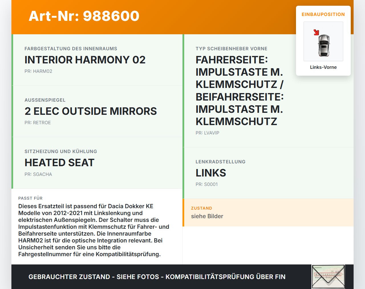 Dacia Dokker KE 12-21 Kombi Fensterheberschalter Schalter Links Vorne Dacia Dokker KE 12-21 12.08.2019 254117873R... Vorschau 3