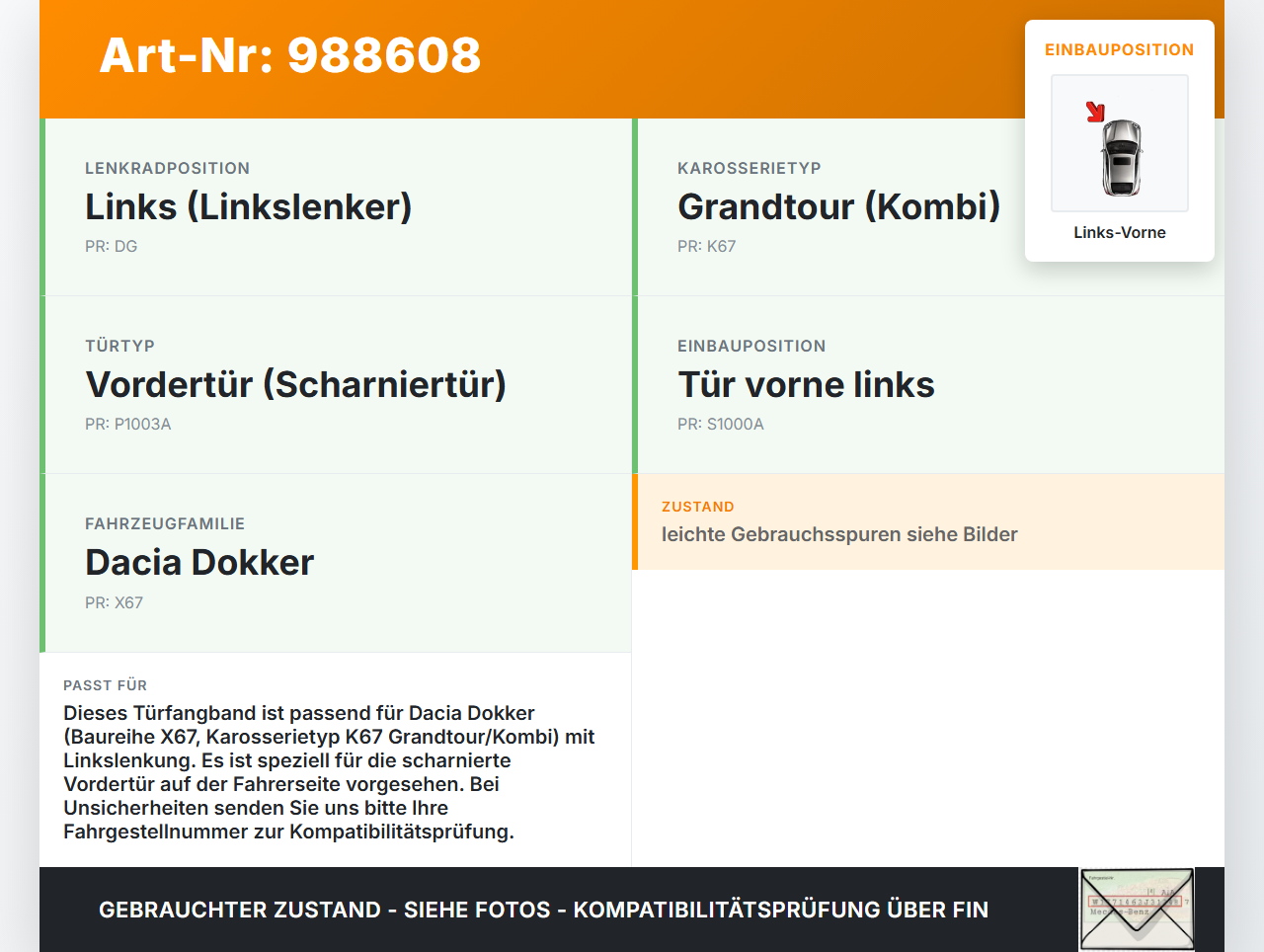 Dacia Dokker KE 12-21 Kombi Türfangband Türbremse Türanschlag Links Vorne Dacia Dokker KE 12-21 12.08.2019 gebraucht Vorschau 3