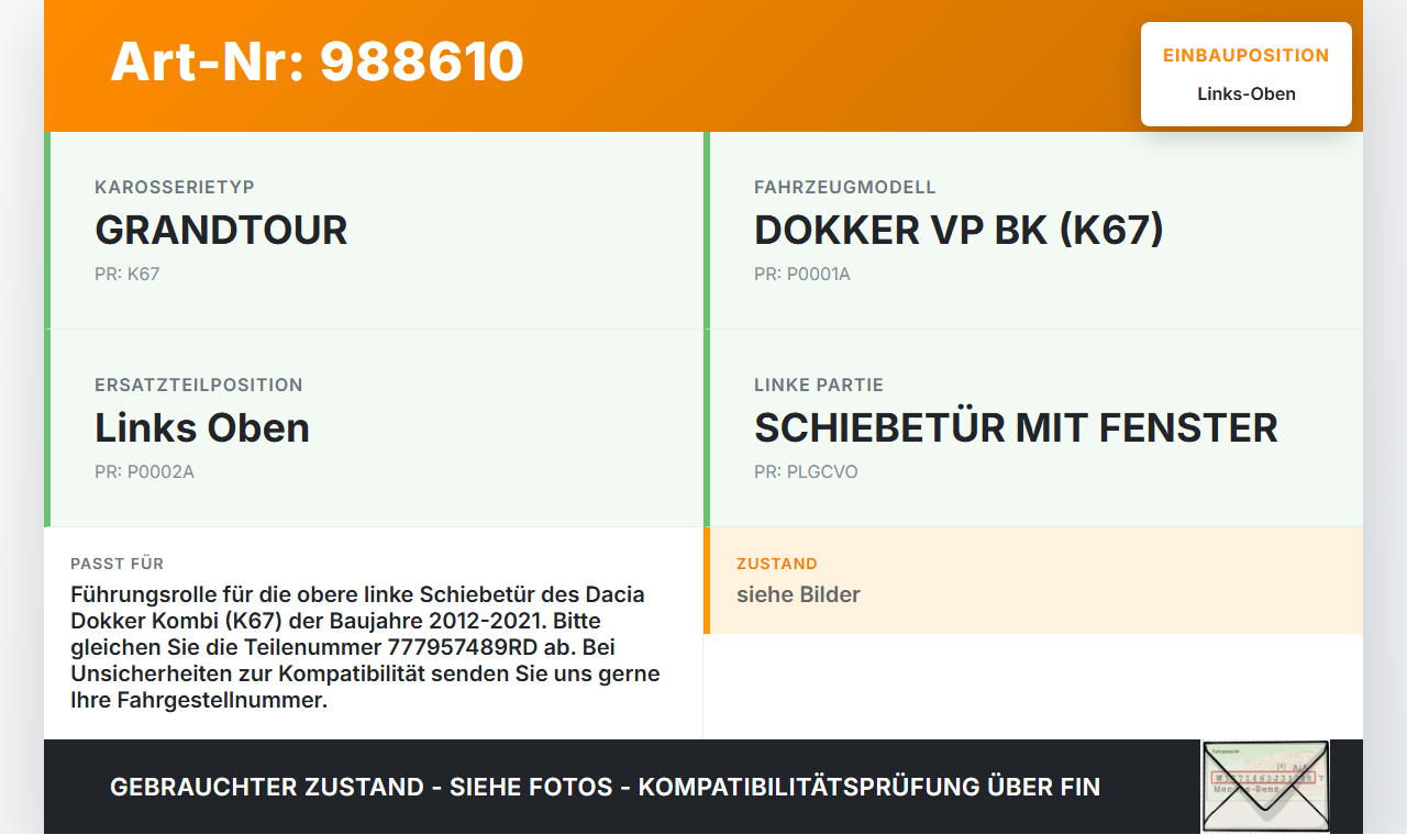 Dacia Dokker KE 12-21 Kombi Führungsrolle für Schiebetür Links Oben Dacia Dokker KE 12-21 12.08.2019 777957489RD... Vorschau 3