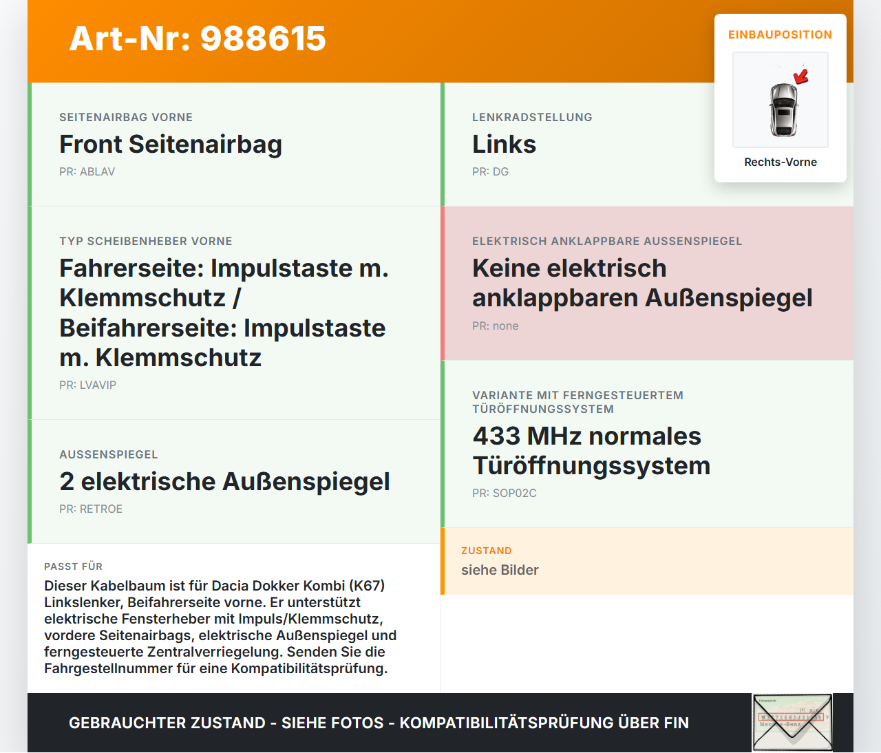 Dacia Dokker KE 12-21 Kombi Kabelbaum für Tür und Fensterheber Rechts Vorne Dacia Dokker KE 12-21 12.08.2019... Vorschau 3