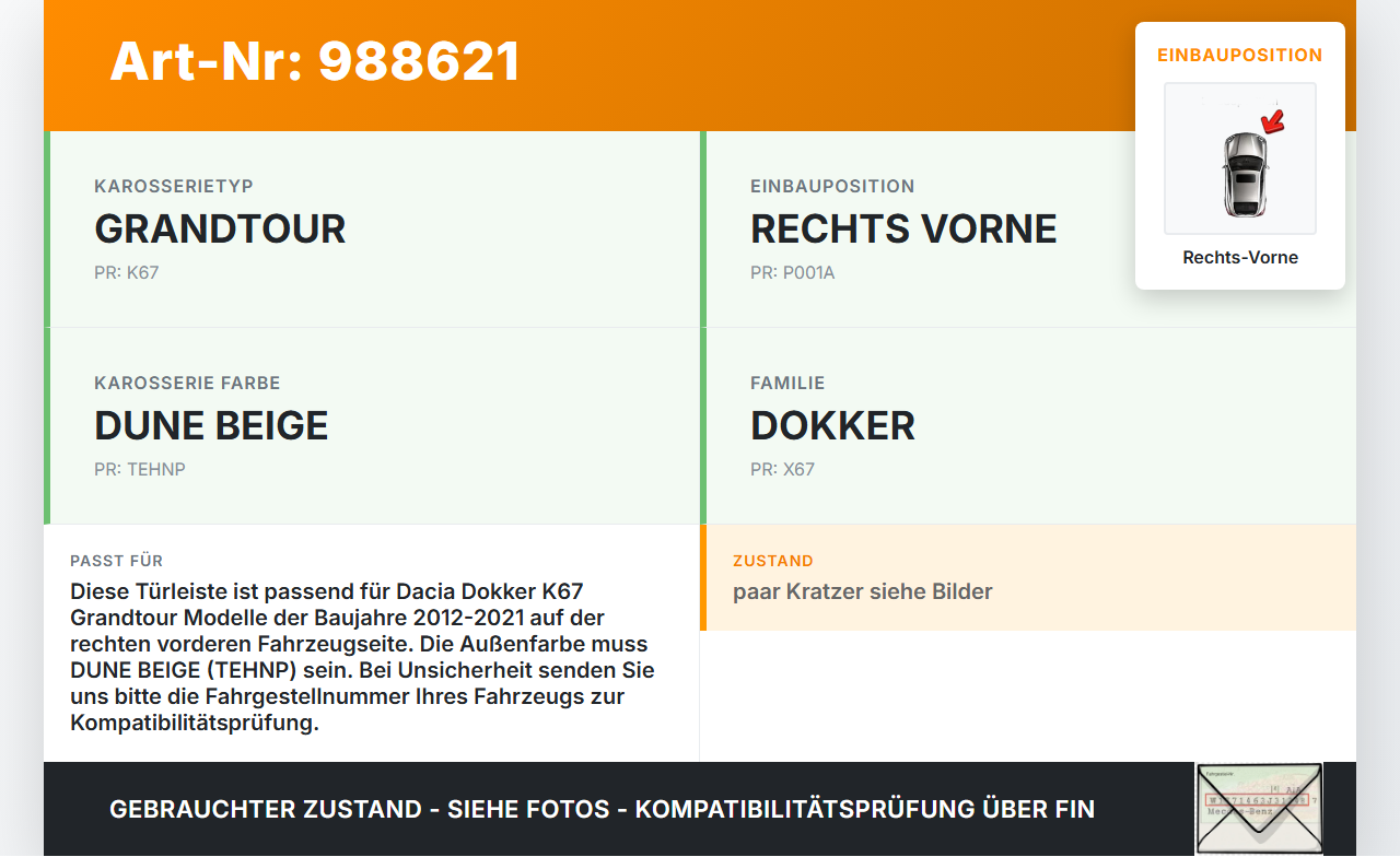 Dacia Dokker KE 12-21 Kombi Türleiste Beplankung Rechts Vorne Aussen TEHNP Dacia Dokker KE 12-21 12.08.2019 gebraucht Vorschau 3