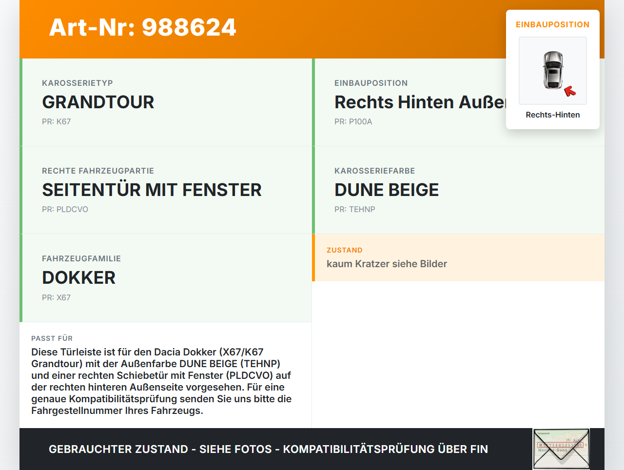 Dacia Dokker KE 12-21 Kombi Türleiste Beplankung Rechts Hinten Aussen TEHNP Dacia Dokker KE 12-21 12.08.2019... Vorschau 3