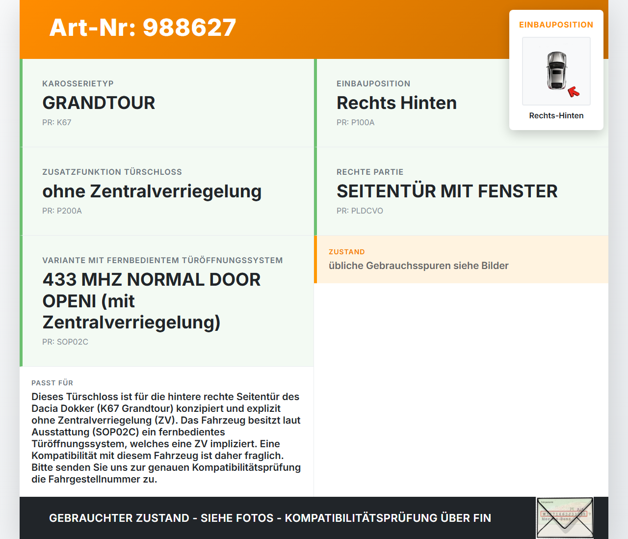 Dacia Dokker KE 12-21 Kombi Türschloss ohne ZV Rechts Hinten Dacia Dokker KE 12-21 12.08.2019 gebraucht Vorschau 3