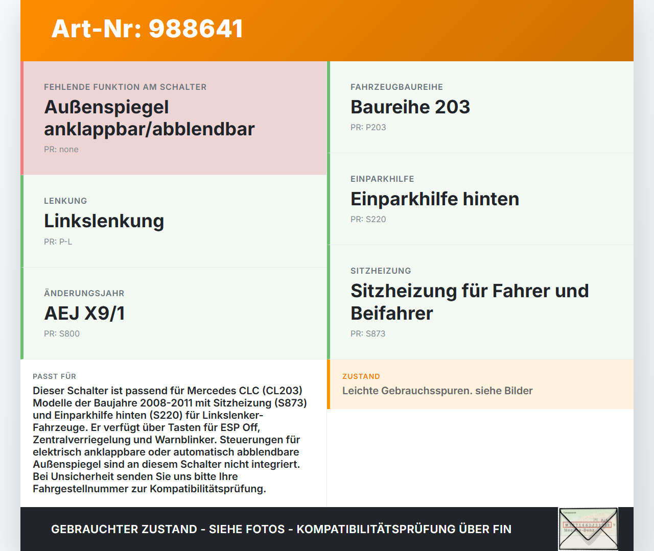 Mercedes CLC 180 K CL203 08-11 Schalter Sitzheizung ZV ESP PDC Off Warnblinkschalter Mercedes CLC 180 K CL203 08-11... Vorschau 3