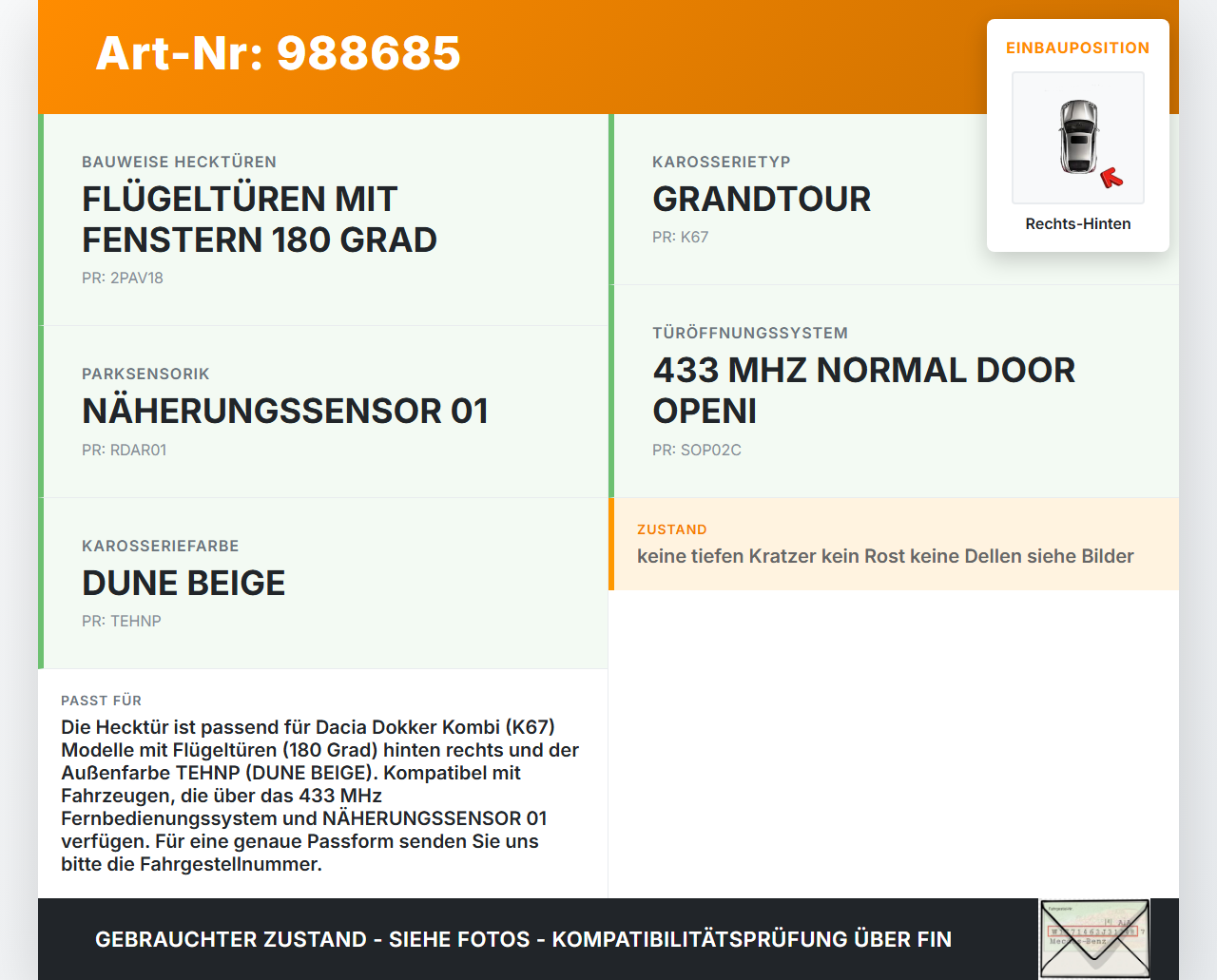 Dacia Dokker KE 12-21 Kombi Tür Flügeltür Hecktür Rechts Hinten TEHNP Dacia Dokker KE 12-21 12.08.2019 gebraucht Vorschau 3