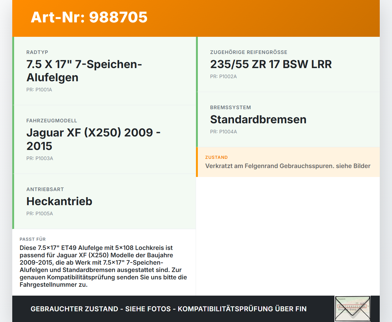 Jaguar XF X250 11-15 1x Felge Alufelge 5X108 7.5X17Zoll ET49 Jaguar XF X250 11-15 19.06.2014 2W93-1007-FB gebraucht Vorschau 3