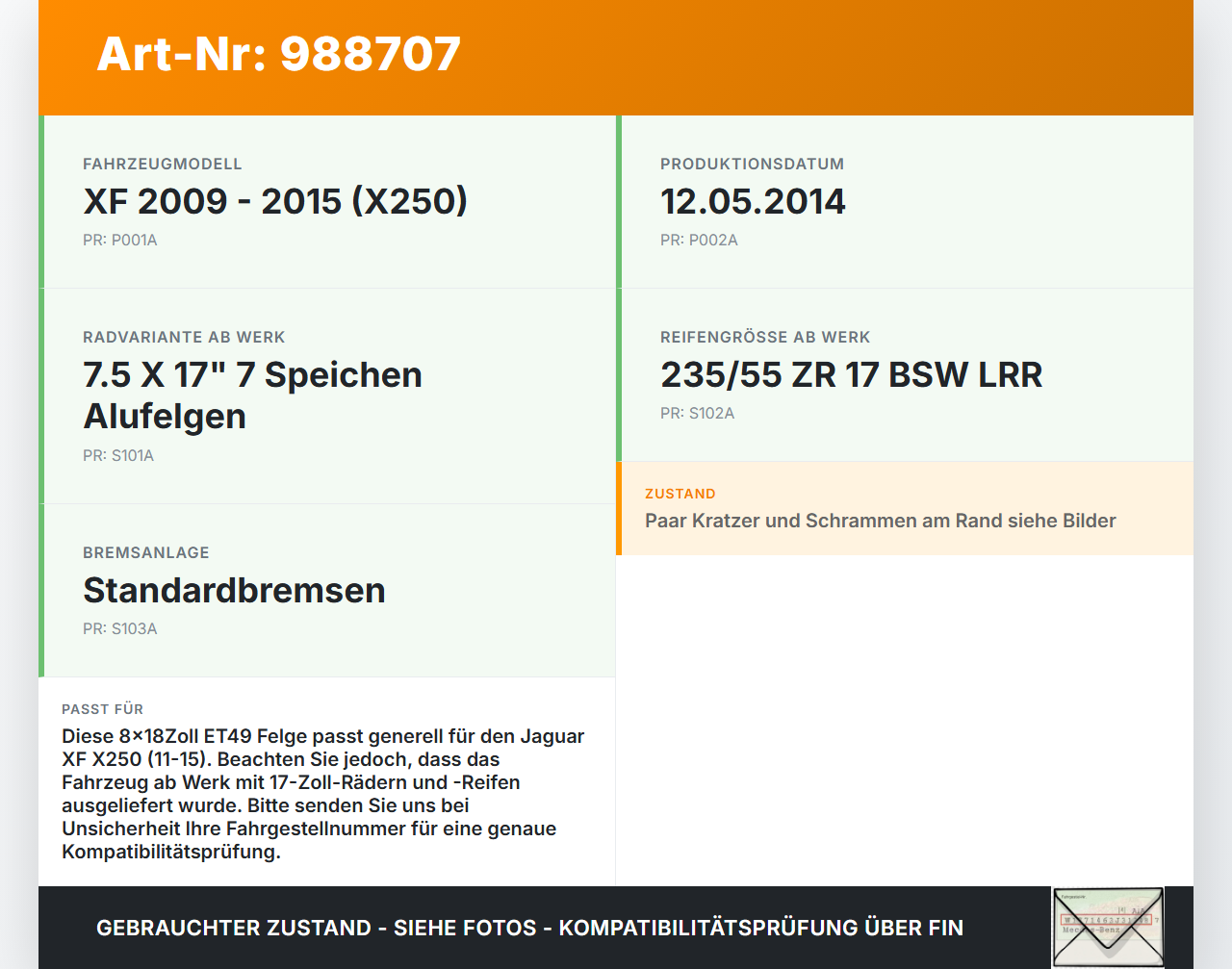Jaguar XF X250 11-15 1x Felge Alufelge 5X108 7.5X17Zoll ET49 Jaguar XF X250 11-15 19.06.2014 gebraucht Vorschau 3