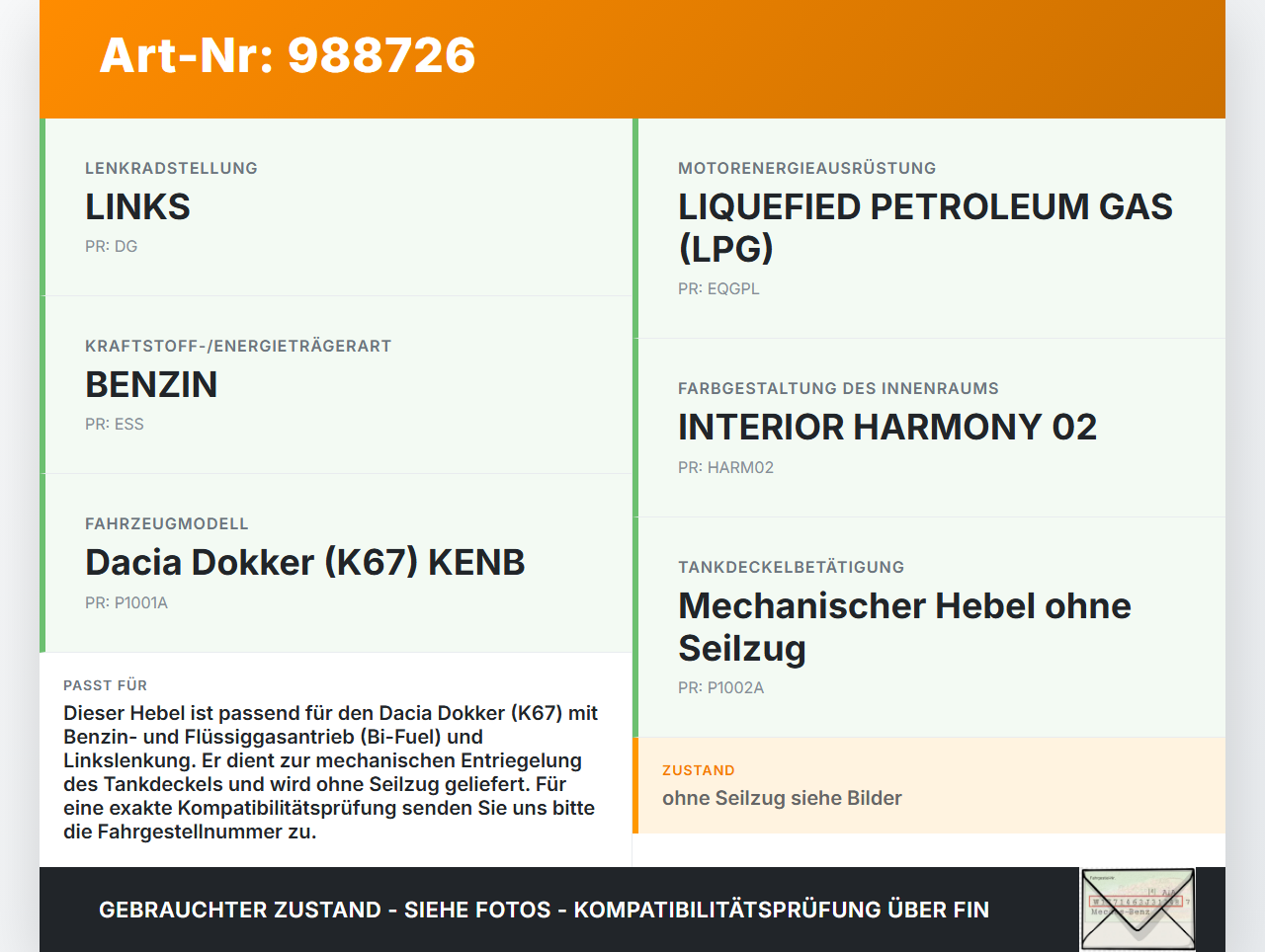 Dacia Dokker KE 12-21 Hebel für Tankdeckel Dacia Dokker KE 12-21 12.08.2019 788266353R gebraucht Vorschau 3