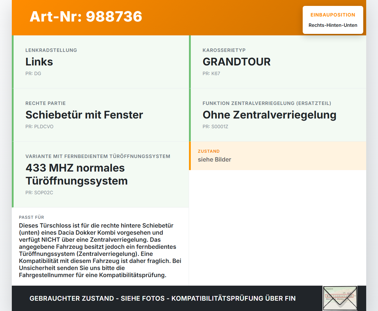 Dacia Dokker KE 12-21 Kombi Türschloss ohne ZV Rechts Hinten Unten Dacia Dokker KE 12-21 12.08.2019 gebraucht Vorschau 3