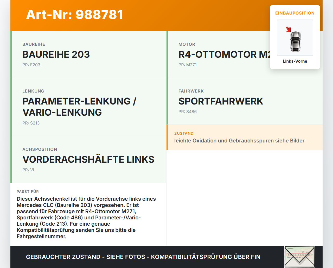 Mercedes CLC 180 K CL203 08-11 1,8 105KW Achsschenkel Radnabe Links Vorne Mercedes CLC 180 K CL203 08-11 09.06.2010... Vorschau 3