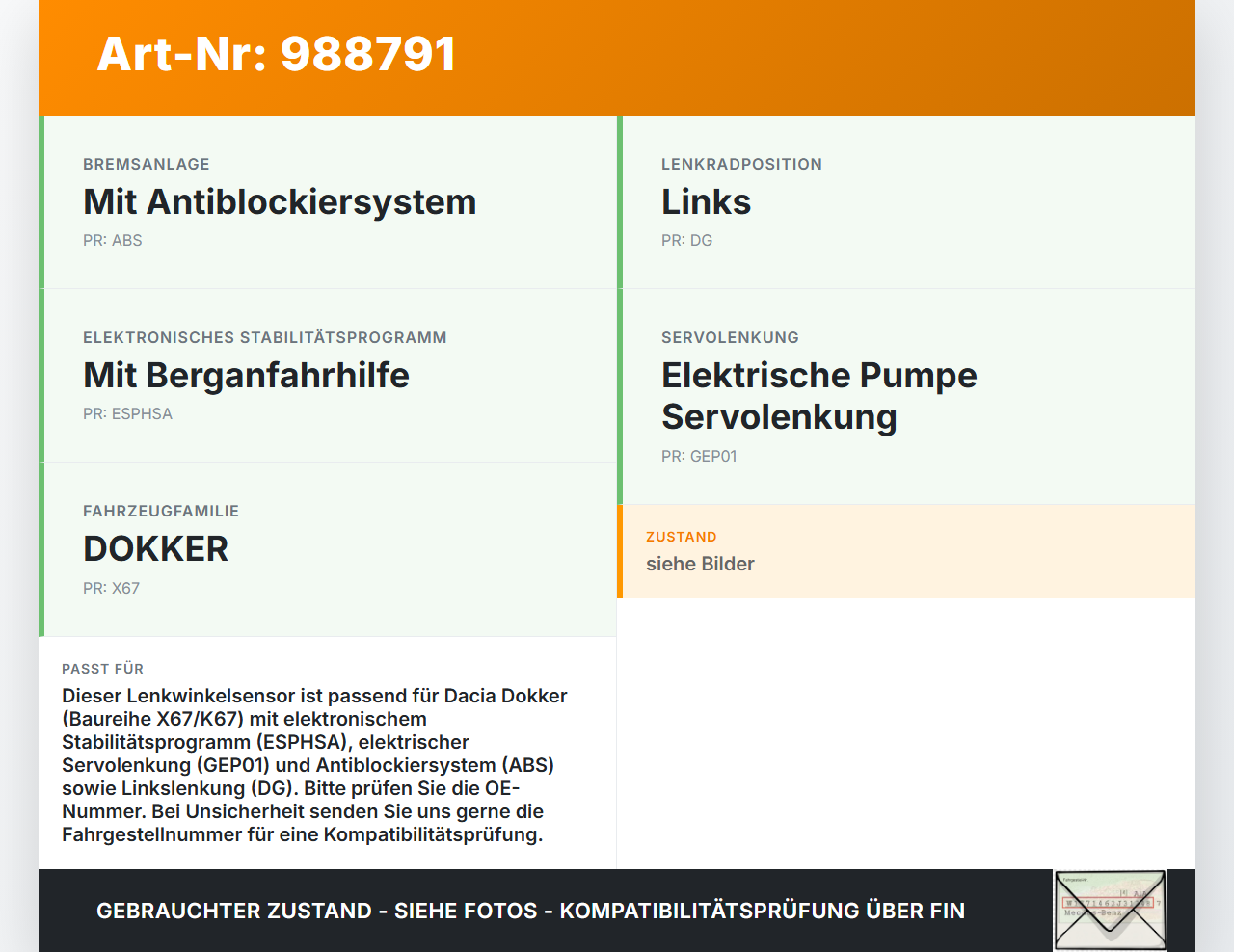 Dacia Dokker KE 12-21 Lenkwinkelsensor Dacia Dokker KE 12-21 12.08.2019 0265019153 479452659R gebraucht Vorschau 3
