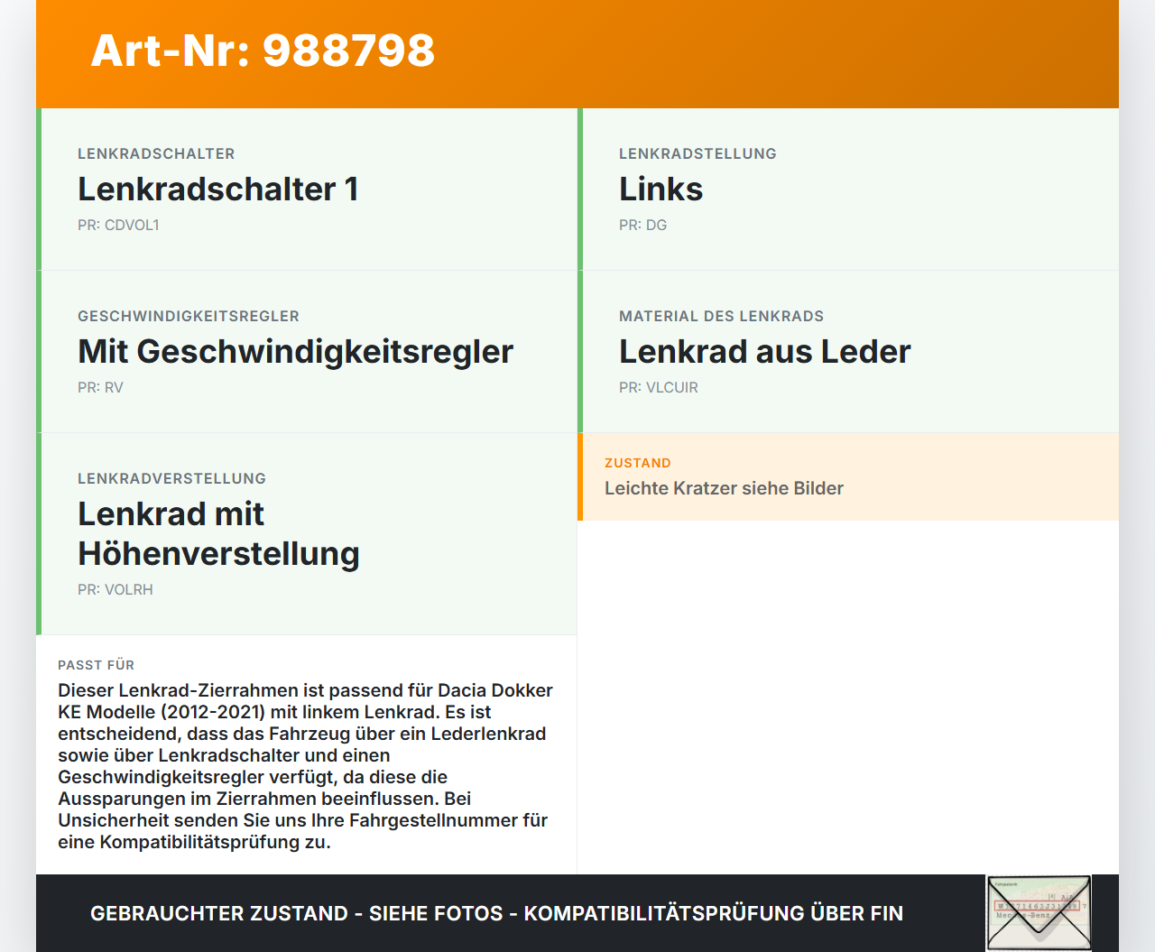 Dacia Dokker KE 12-21 Blende Verkleidung Zierrahmen für Lenkrad Dacia Dokker KE 12-21 12.08.2019 10029229 10029227... Vorschau 3