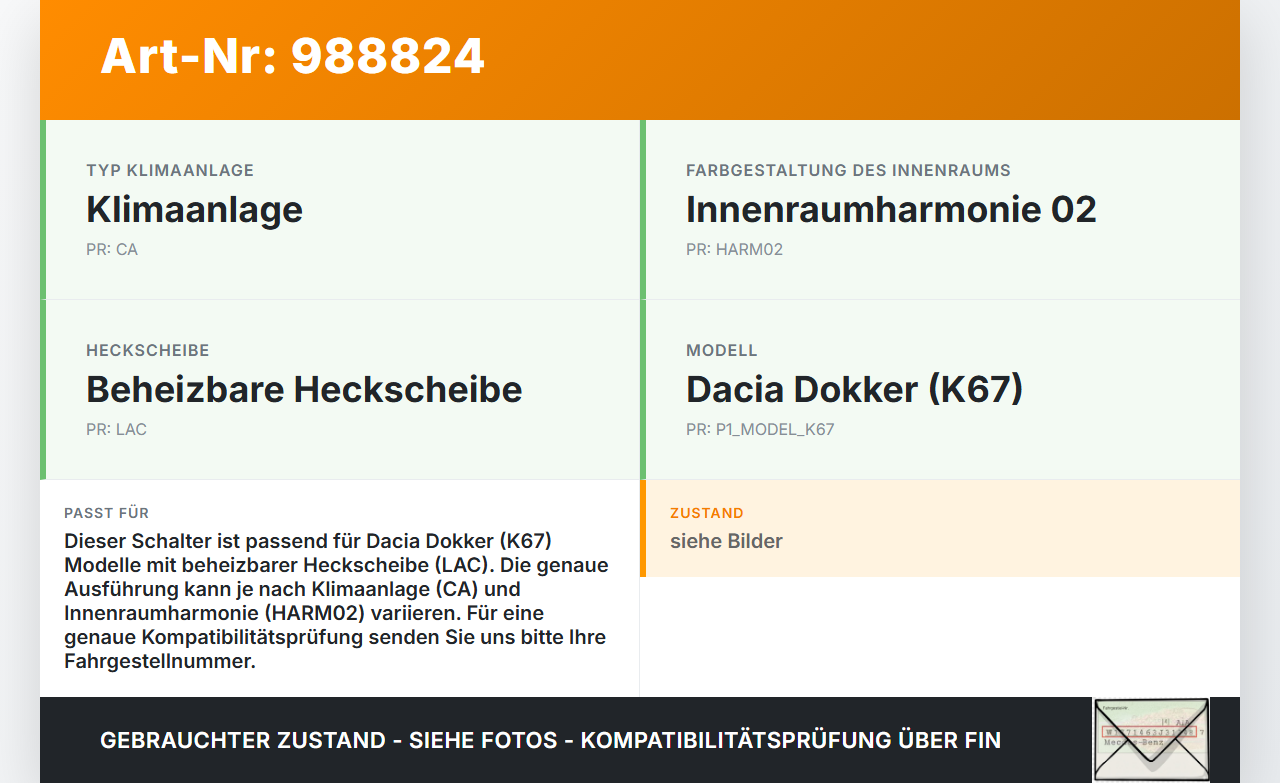 Dacia Dokker KE 12-21 Schalter für Heckscheibenheizung Dacia Dokker KE 12-21 12.08.2019 253503244R 10023837 gebraucht Vorschau 3