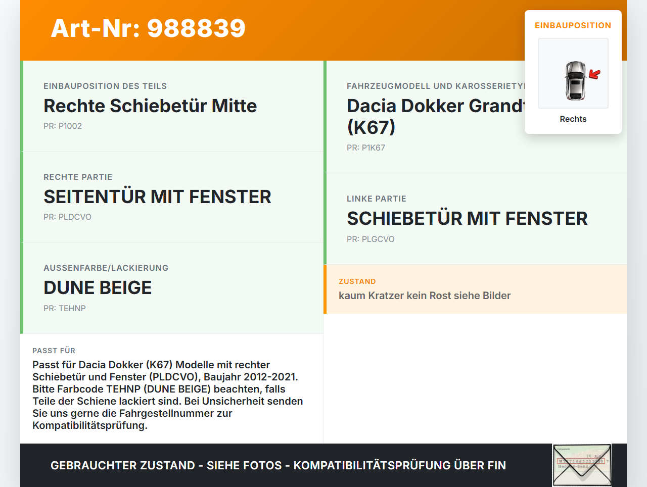 Dacia Dokker KE 12-21 Laufschiene Führungsschiene für Schiebetür Rechts Mitte Dacia Dokker KE 12-21 12.08.2019 gebraucht Vorschau 3