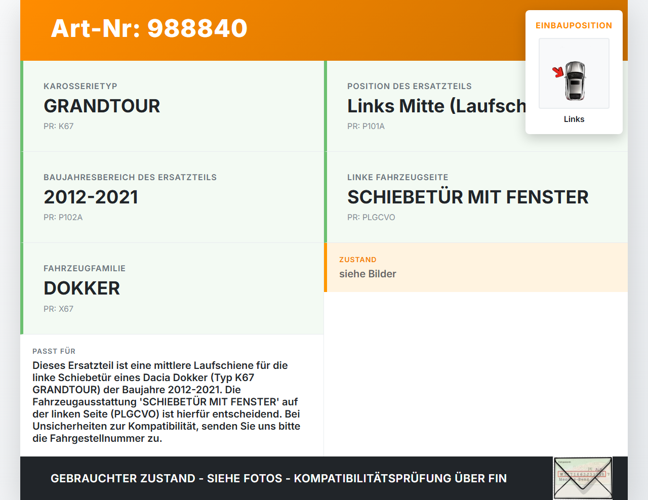 Dacia Dokker KE 12-21 Laufschiene Führungsschiene für Schiebetür Links Mitte Dacia Dokker KE 12-21 12.08.2019... Vorschau 3