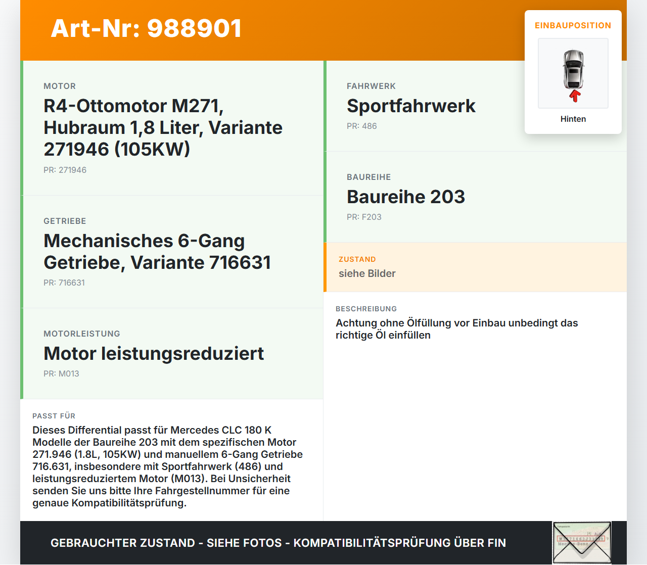 Mercedes CLC 180 K CL203 08-11 1,8 105KW Differential Hinterachsgetriebe Hinten Mercedes CLC 180 K CL203 08-11... Vorschau 3