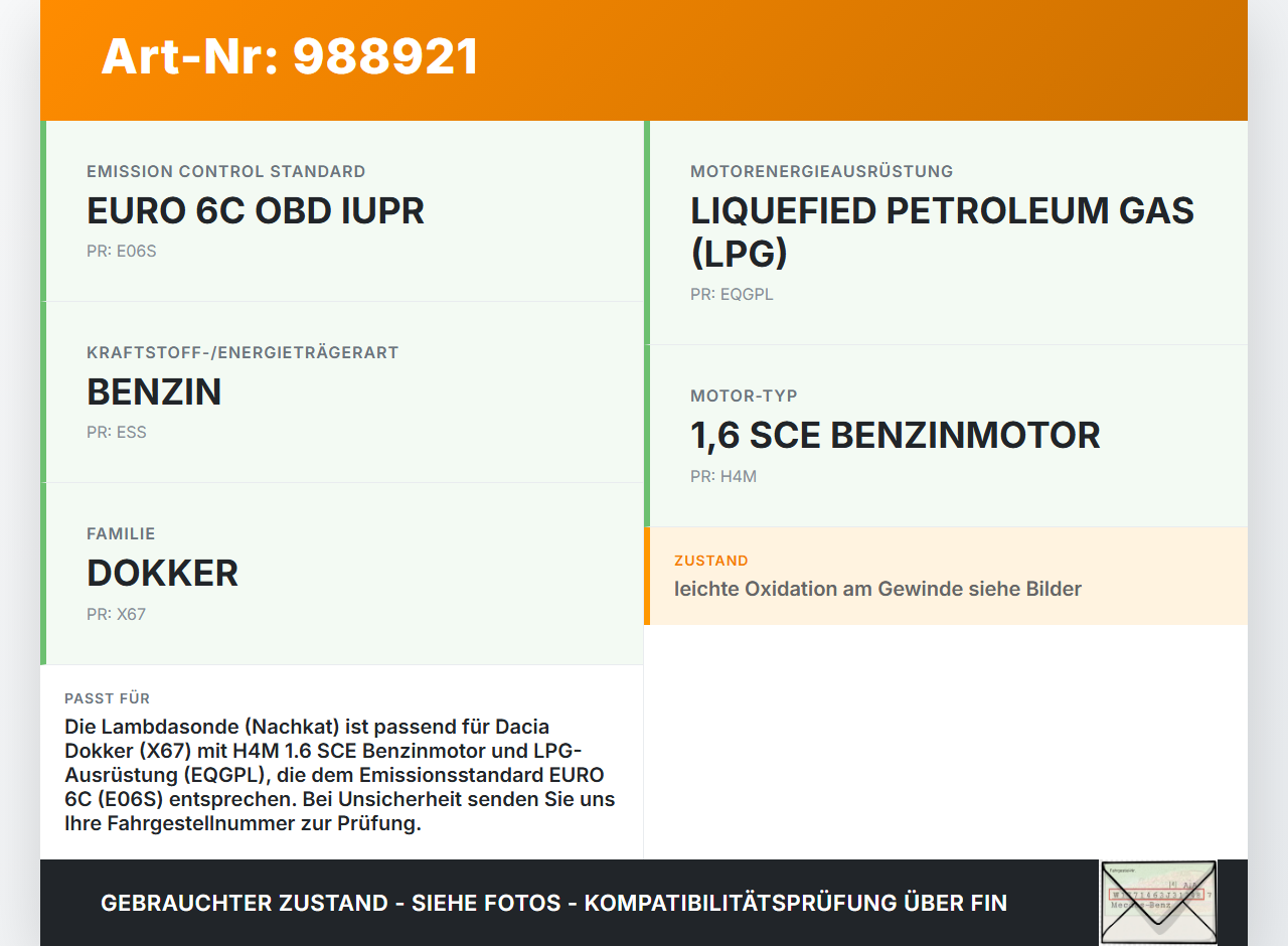Dacia Dokker KE 12-21 1,6 75KW Lambdasonde Nachkat Dacia Dokker KE 12-21 12.08.2019 226901841R H8201312873... Vorschau 3