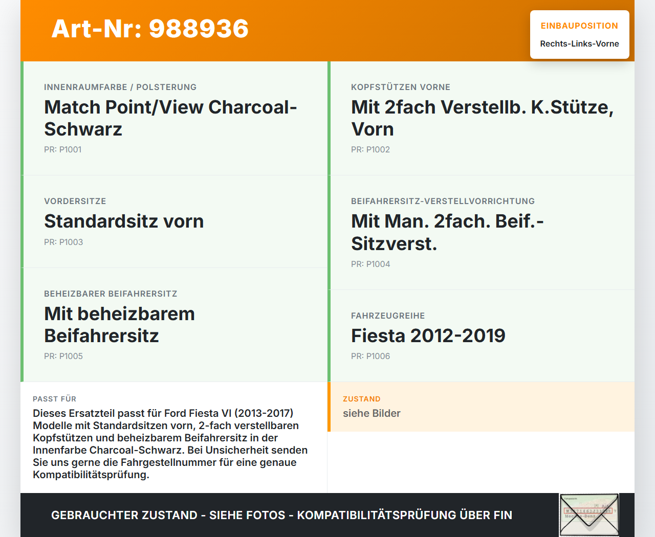 Ford Fiesta VI 6 13-17 5T Kopfstütze für Beifahrer Sitz Rechts oder Links Vorne Ford Fiesta VI 6 13-17 21.01.14... Vorschau 3