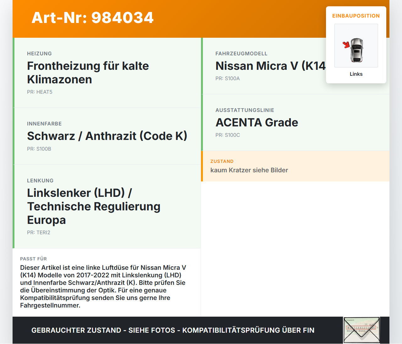 Nissan Micra V K14 17-22 Luftdusche Luftdüse Links Nissan Micra V K14 17-22 27.08.2020 9A282300 gebraucht Vorschau 3