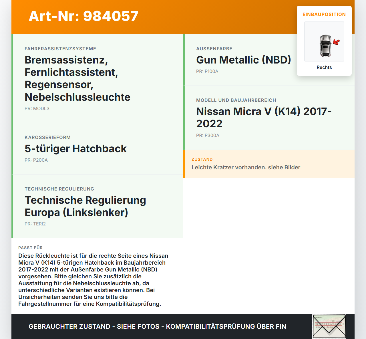 Nissan Micra V K14 17-22 5T Rückleuchte Rücklicht Heckleuchte Rechts orig Nissan Micra V K14 17-22 27.08.2020... Vorschau 3