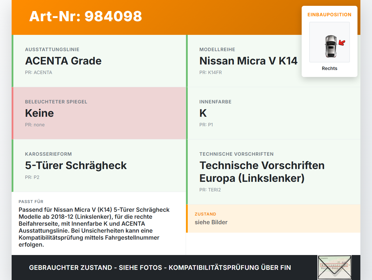Nissan Micra V K14 17-22 Sonnenblende Rechts für Beifahrer Nissan Micra V K14 17-22 27.08.2020 964005EF5B gebraucht Vorschau 3