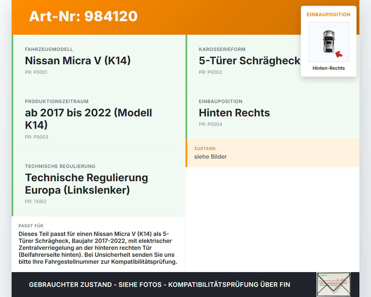 Nissan Micra V K14 17-22 ZV Stellmotor Türschloss Hinten Rechts Nissan Micra V K14 17-22 27.08.2020 825005FA0A gebraucht Vorschau 3