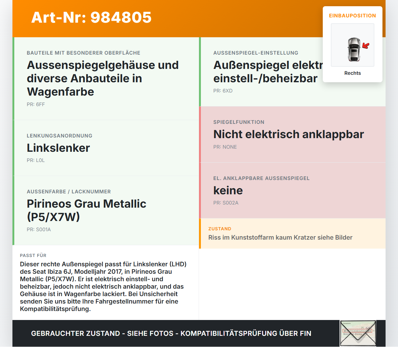 Seat Ibiza 6J 15-17 Spiegel Aussenspiegel Rechts P5 Seat Ibiza 6J 15-17 28.12.2016 6J1857508H 6J1857508H9B9 gebraucht Vorschau 3