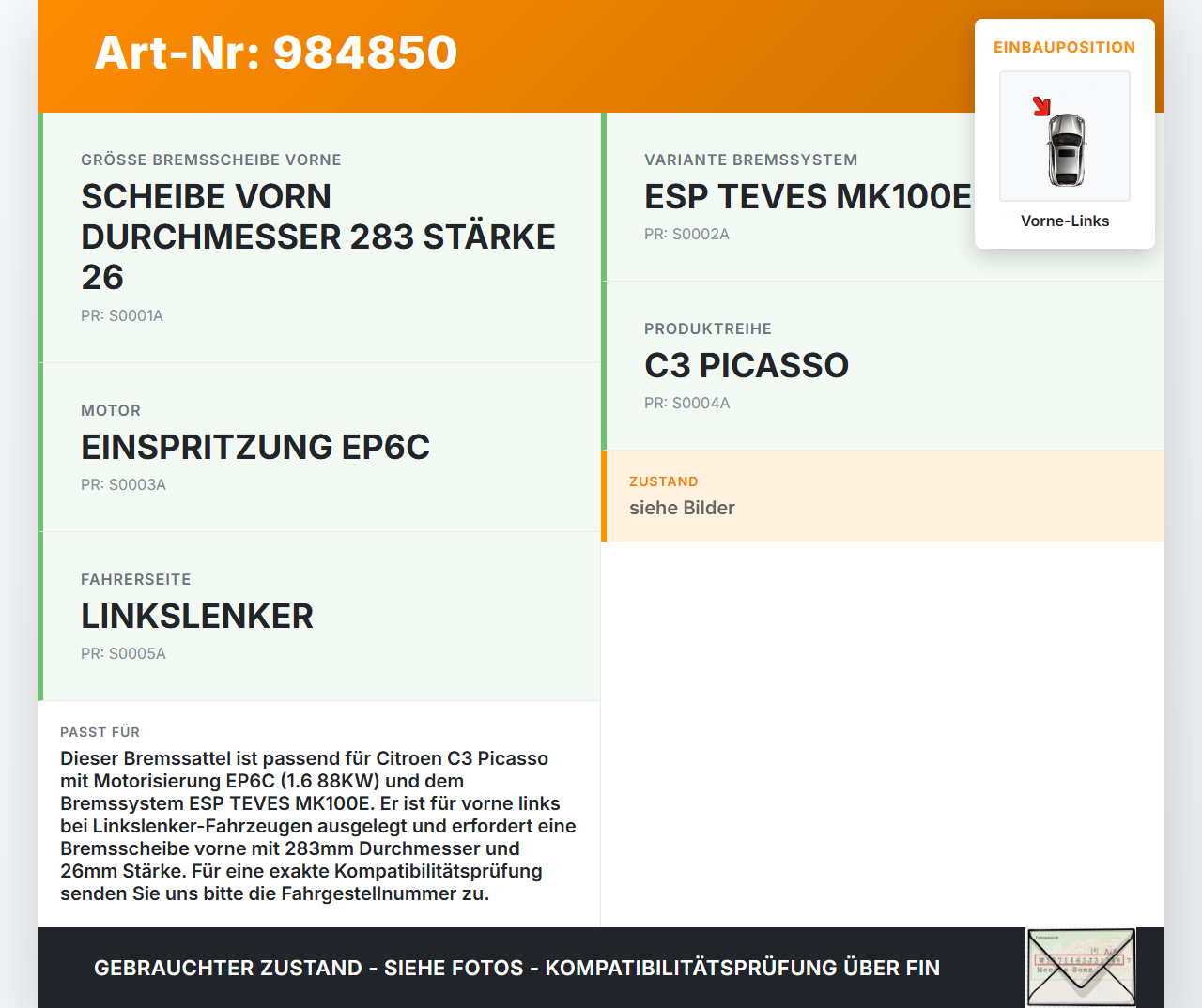 Citroen C3 Picasso 09-13 1,6 88KW Bremssattel Bremszange Vorne Links Citroen C3 Picasso 09-13 29.05.2012 4401P8... Vorschau 3