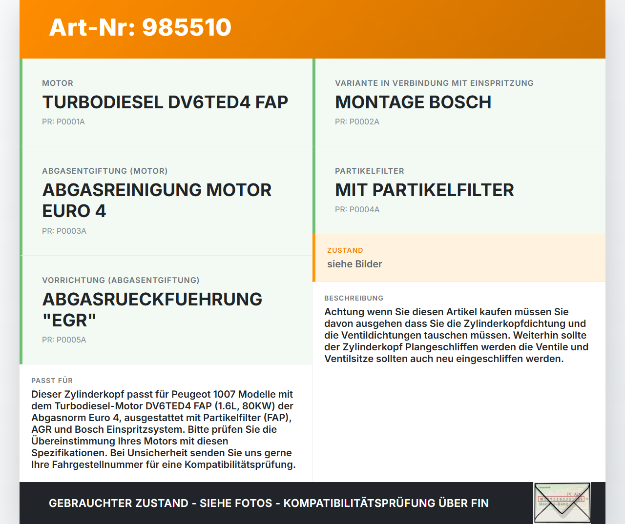 Peugeot 1007 KM 07-14 HDI 1,6 80KW DV6TED4 FAP Zylinderkopf Peugeot 1007 KM 07-14 02.04.2008 0200EH gebraucht Vorschau 3