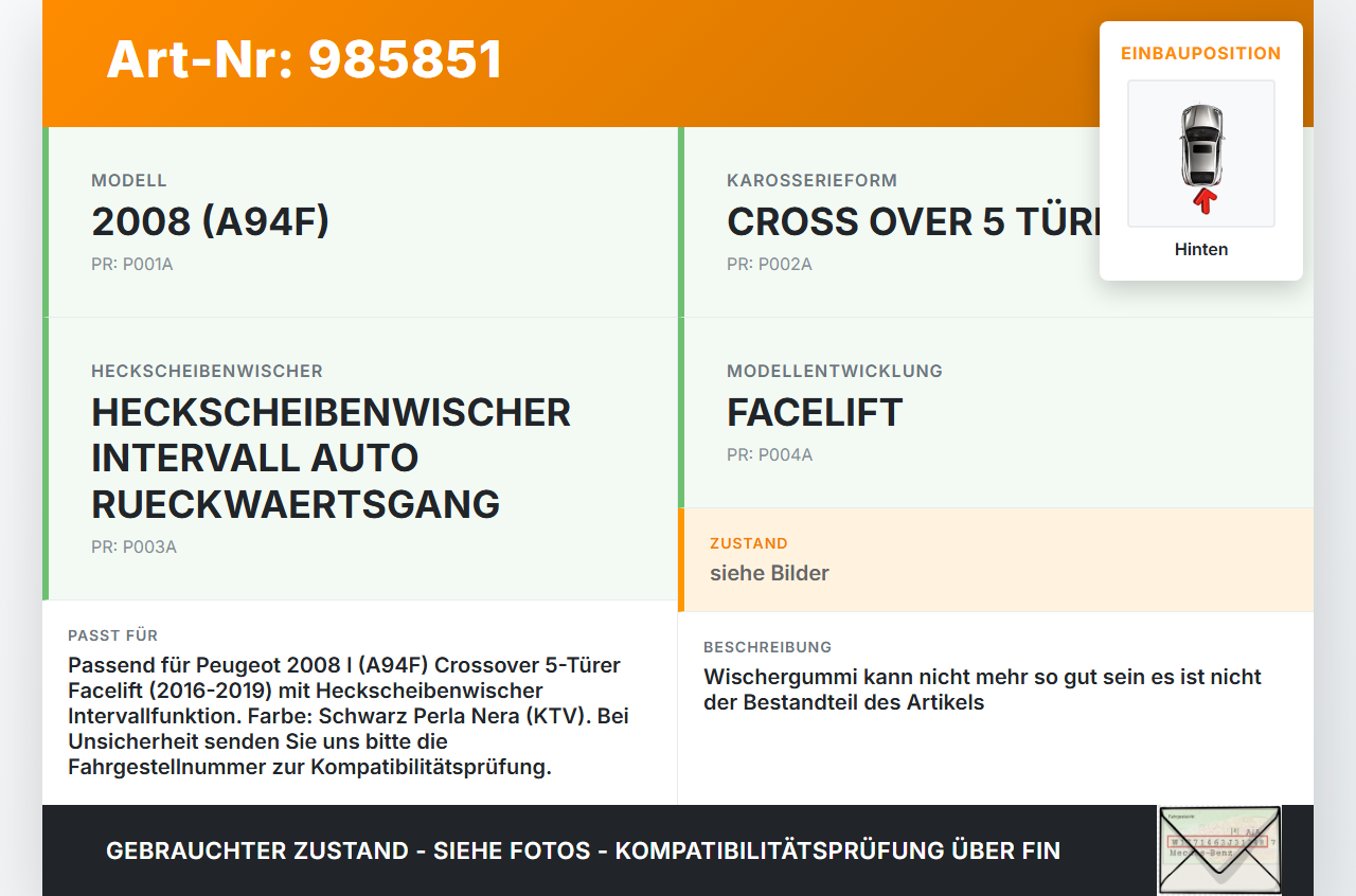 Peugeot 2008 I 16-19 Heckwischer Scheibenwischer Hinten Wischarm Peugeot 2008 I 16-19 30.06.2016 gebraucht Vorschau 3