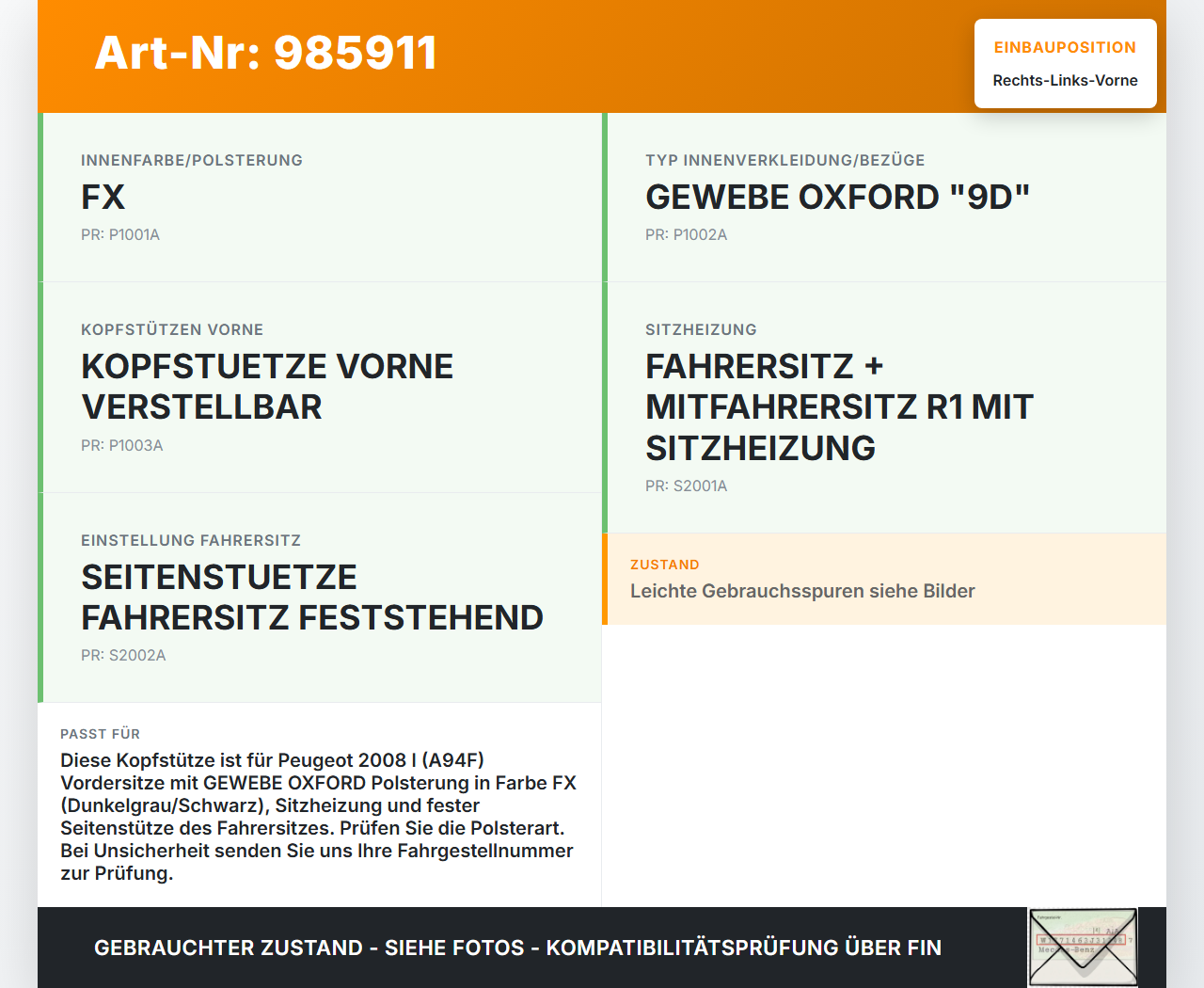 Peugeot 2008 I 16-19 Kopfstütze für Fahrer Sitz Rechts oder Links Vorne Peugeot 2008 I 16-19 30.06.2016 16100932ZD... Vorschau 3