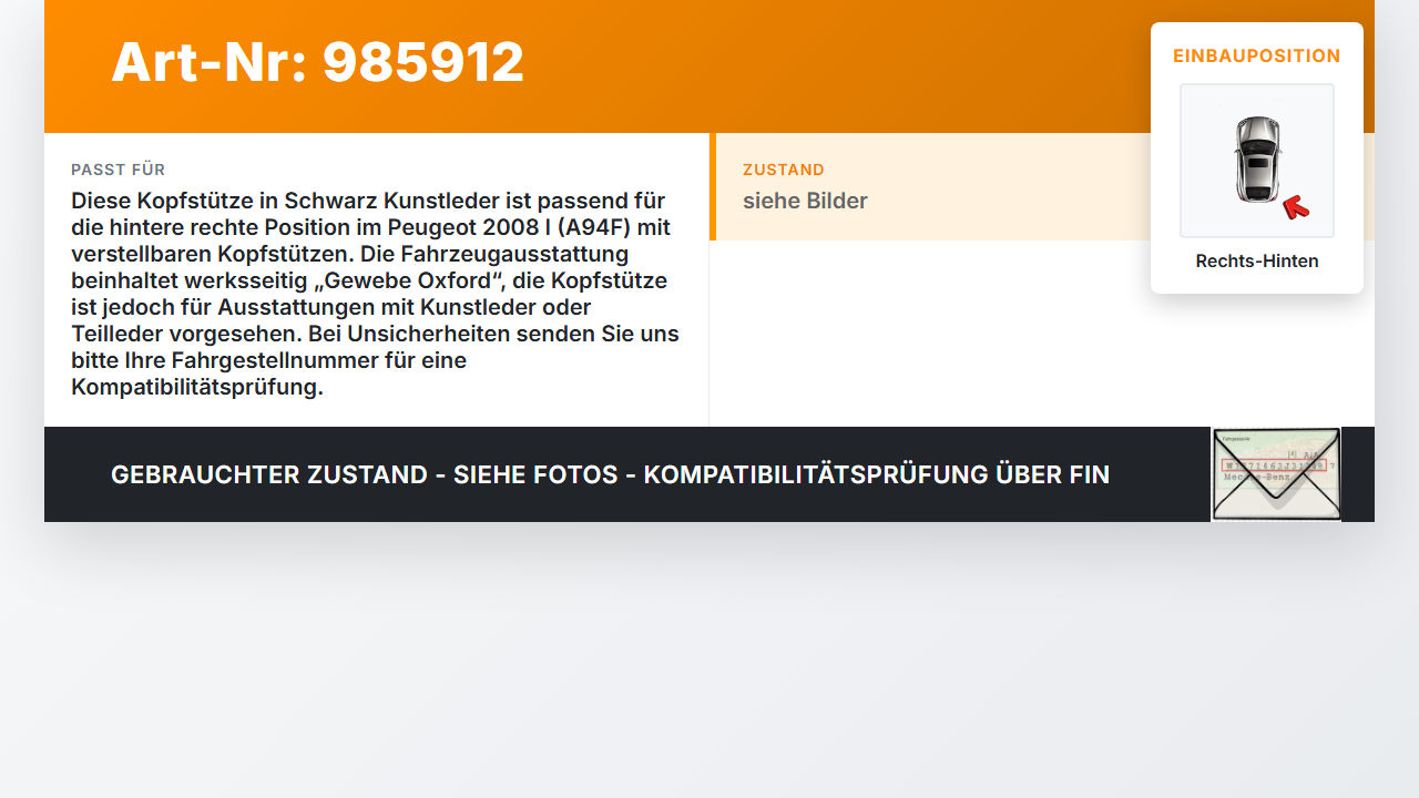 Peugeot 2008 I 16-19 Kopfstütze Schwarz Kunstleder Rechts Hinten Peugeot 2008 I 16-19 30.06.2016 16141788ZD gebraucht Vorschau 3