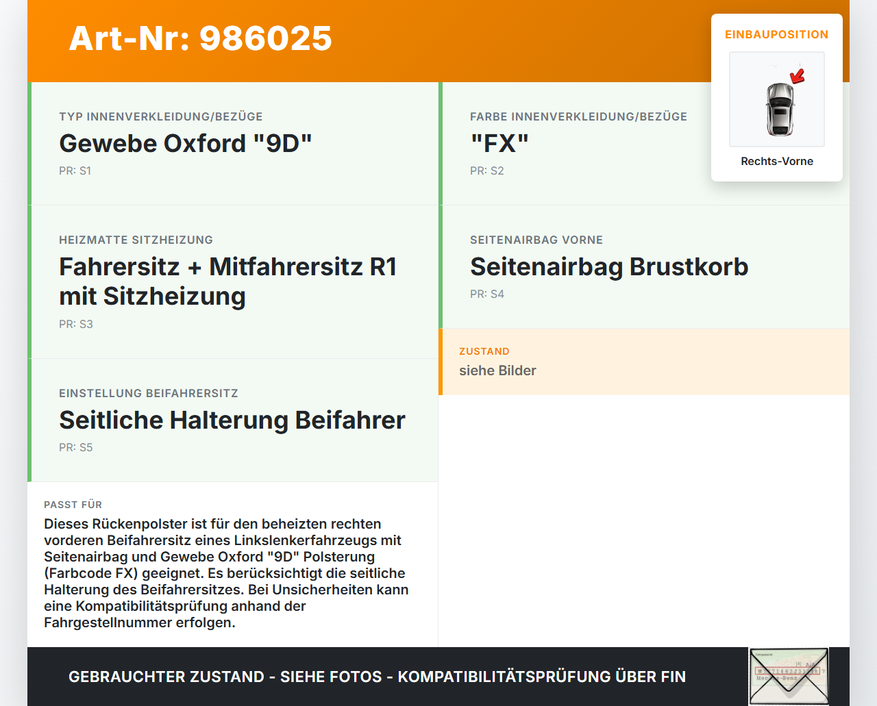 Peugeot 2008 I 16-19 Sitzbezug Rückenpolster Rechts Vorne für Beifahrer Sitz beheizt Peugeot 2008 I 16-19... Vorschau 3