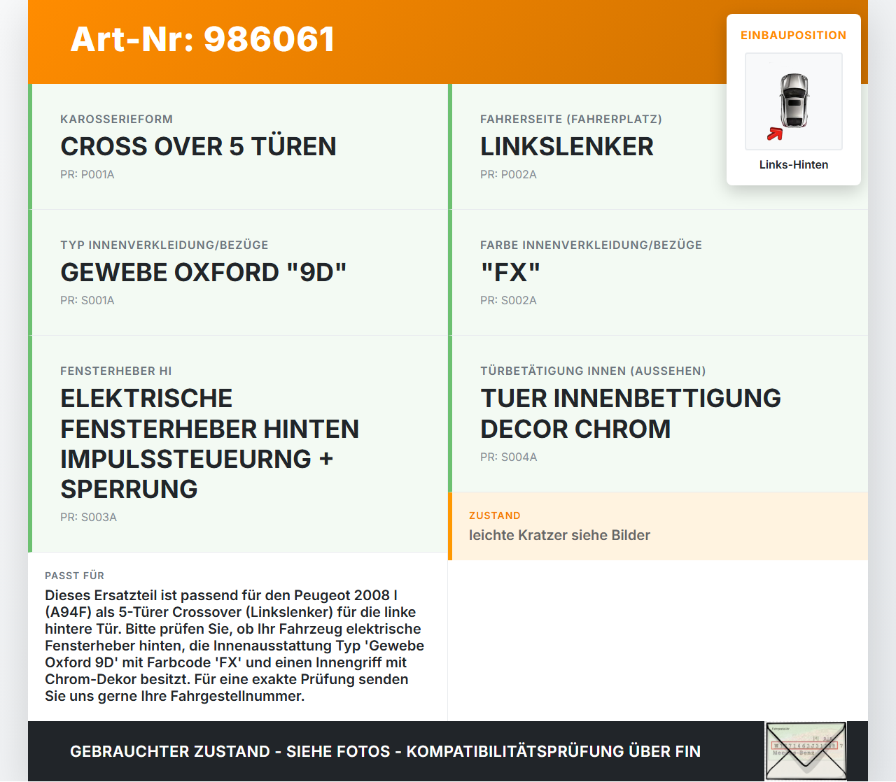 Peugeot 2008 I 16-19 Türverkleidung Türpappe Links Hinten Peugeot 2008 I 16-19 30.06.2016 98002006ZD gebraucht Vorschau 3