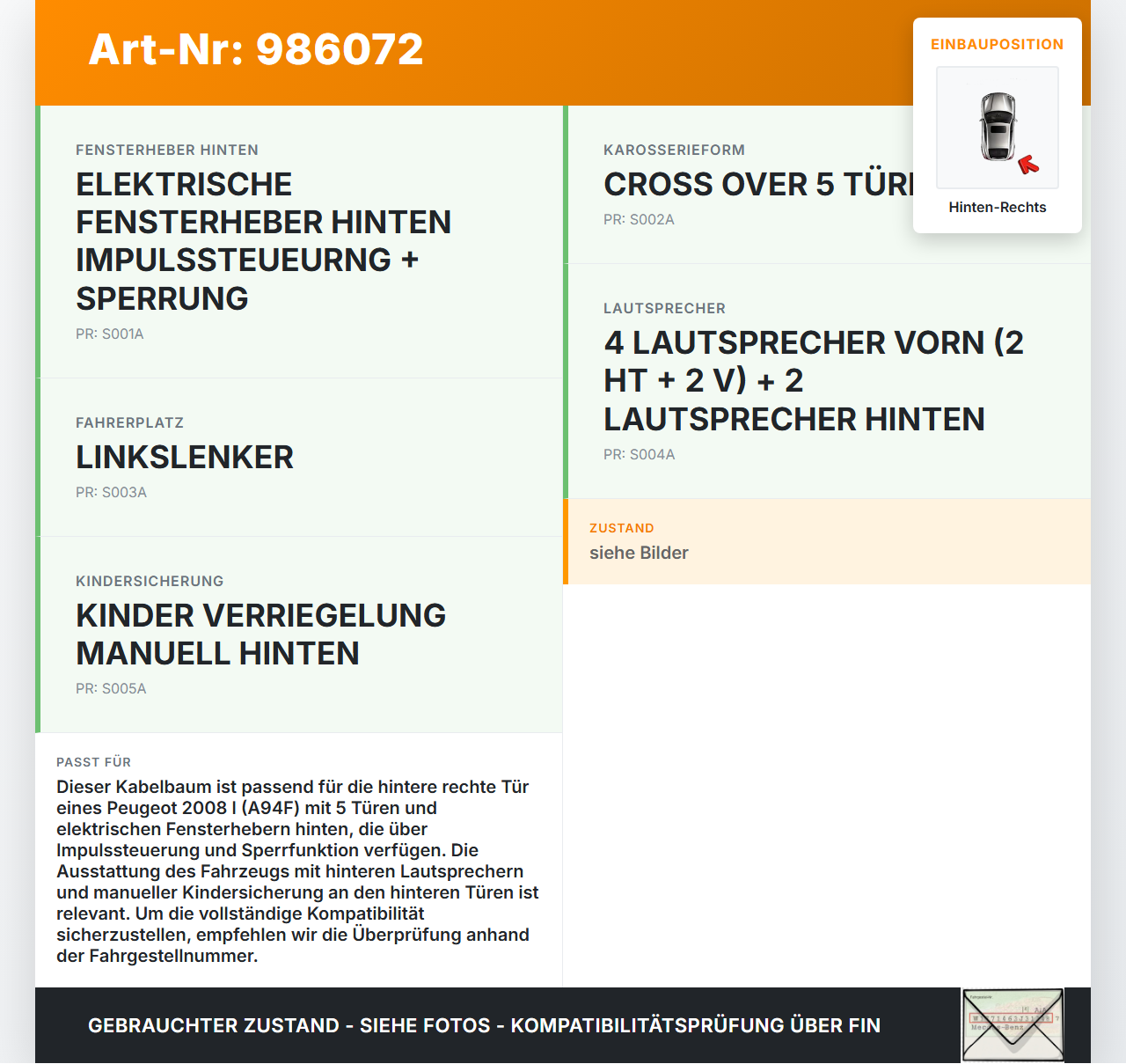 Peugeot 2008 I 16-19 Kabelbaum Leitungssatz für Tür und Fensterheber Hinten Rechts Peugeot 2008 I 16-19 30.06.2016... Vorschau 3