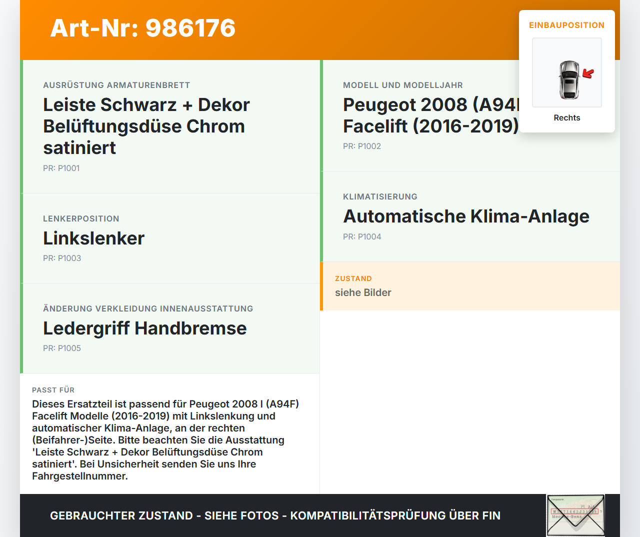 Peugeot 2008 I 16-19 Luftdusche Luftdüse Rechts Peugeot 2008 I 16-19 30.06.2016 gebraucht Vorschau 3