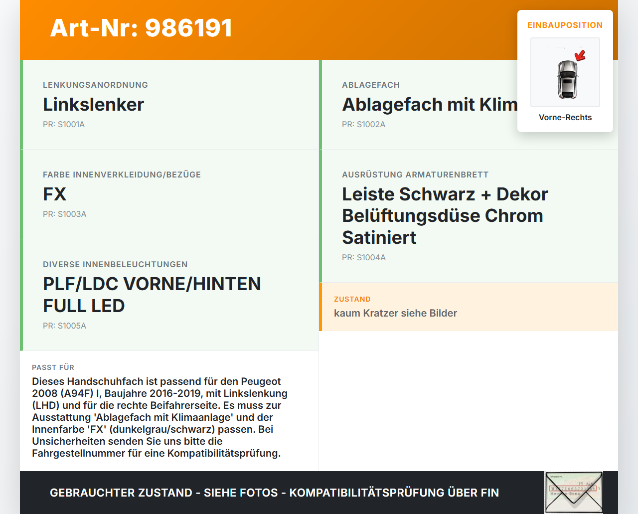 Peugeot 2008 I 16-19 Handschuhfach Handschuhkasten Vorne Rechts Peugeot 2008 I 16-19 30.06.2016 96728451ZD gebraucht Vorschau 3