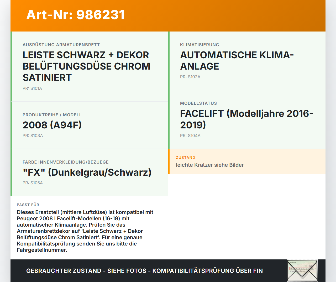 Peugeot 2008 I 16-19 Luftdusche Luftdüse Mitte Peugeot 2008 I 16-19 30.06.2016 9673830077 1097753X 44488M gebraucht Vorschau 3
