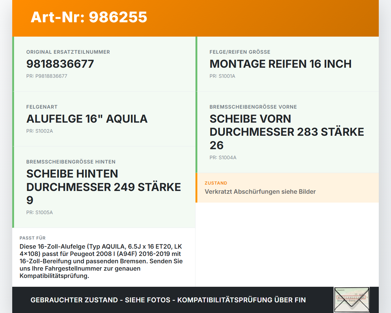 Peugeot 2008 I 16-19 1x Felge Alufelge 4X108 6.5X16Zoll ET20 Peugeot 2008 I 16-19 30.06.2016 9818836677 gebraucht Vorschau 3