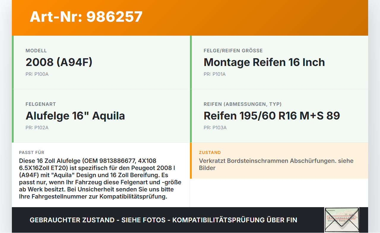 Peugeot 2008 I 16-19 1x Felge Alufelge 4X108 6.5X16Zoll ET20 Peugeot 2008 I 16-19 30.06.2016 9813886677 gebraucht Vorschau 3