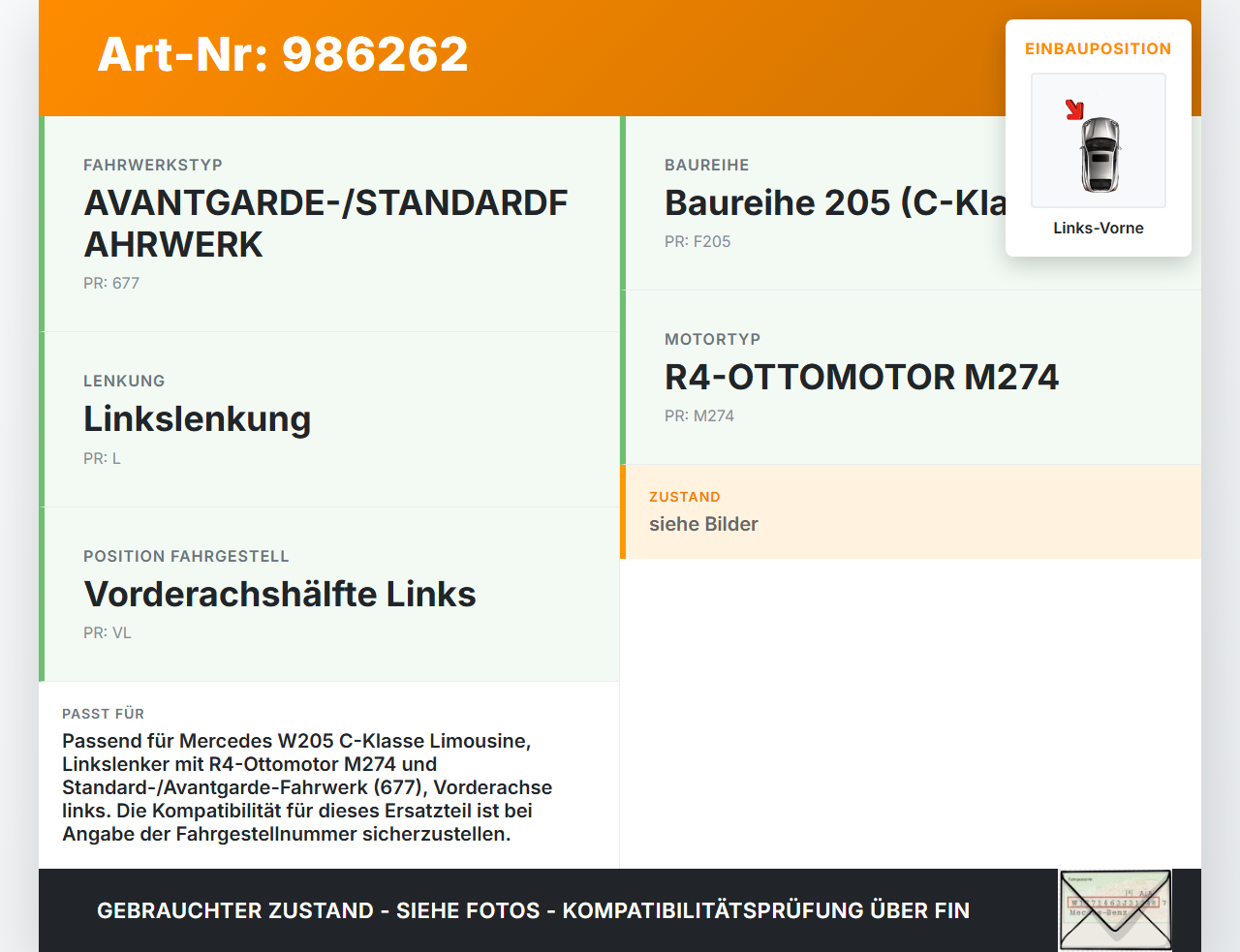 Mercedes W205 C180 14-19 Radnabe Links Vorne Mercedes W205 C180 14-19 26.03.2015 A2053340400 gebraucht Vorschau 3