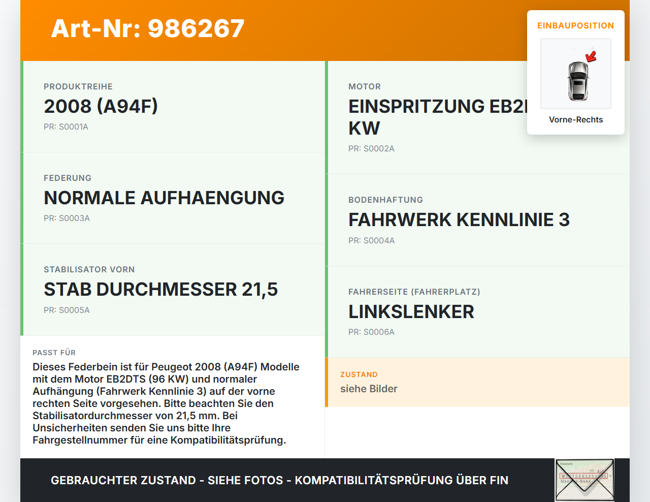Peugeot 2008 I 16-19 Federbein Stossdämpfer Vorne Rechts Peugeot 2008 I 16-19 30.06.2016 9810915480 gebraucht Vorschau 3